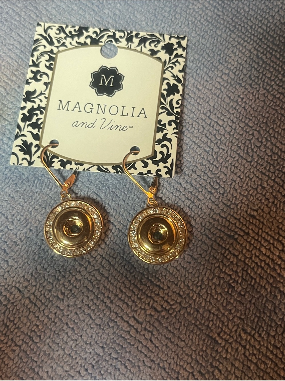 Magnolia and Vine Gold Tone Rhinestone Drop Earrings 12mm Snap